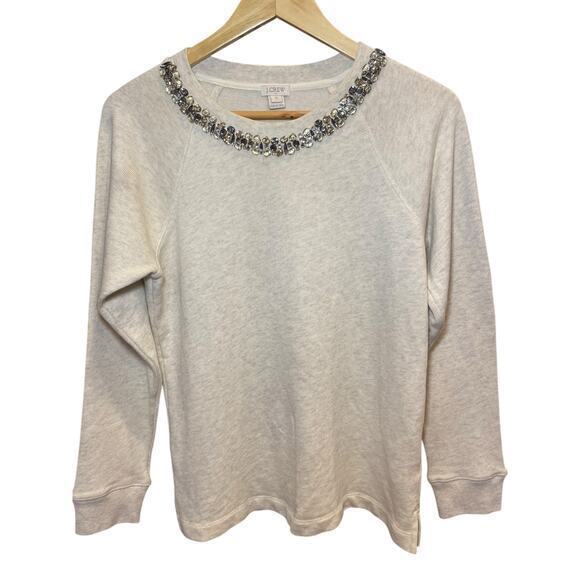 J. Crew Rhinestone Jewel Neckline Holiday Heathered Cream Sweatshirt 100% Cotton - Picture 1 of 12